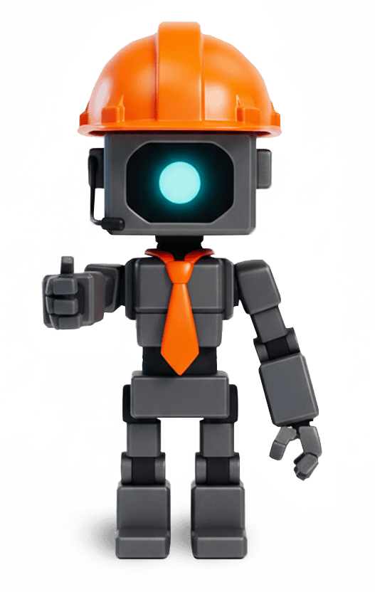 Robot de construction avec casque orange et cravate noire, symbole d'innovation technologique.