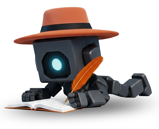 Robot stylisé avec chapeau orange et plume, lisant un livre pour l'optimisation AI.