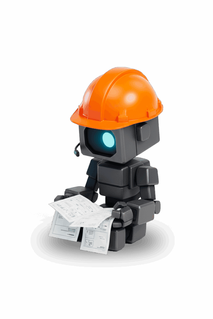 Robot industriel avec casque de sécurité orange, manipulant des documents.