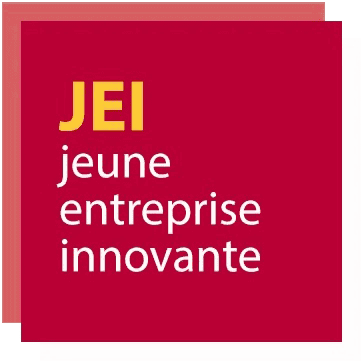 Logo d'une jeune entreprise innovante avec le texte "JEI" en jaune et "jeune entreprise innovante" e.