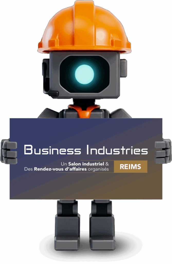Robot industriel avec casque de sécurité pour salon Reims Business Industrie.