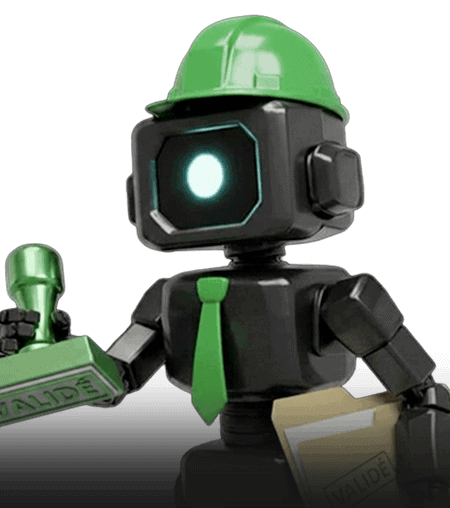 Security robot with a green helmet, black tie, and a badge, representing security innovation.