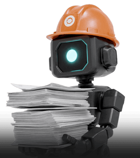 Intelligent robot handling documents with an orange hard hat.