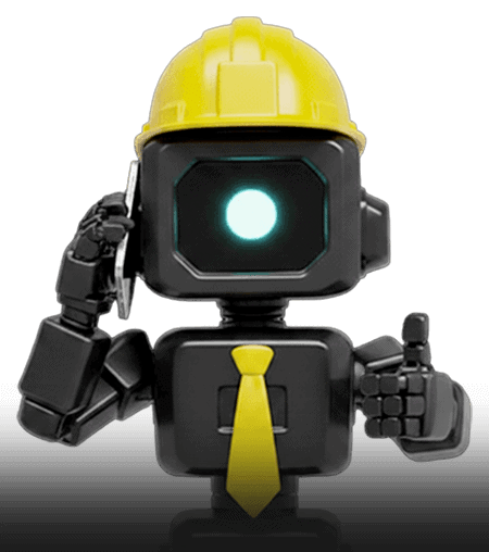 AI robot with yellow hard hat and black tie.
