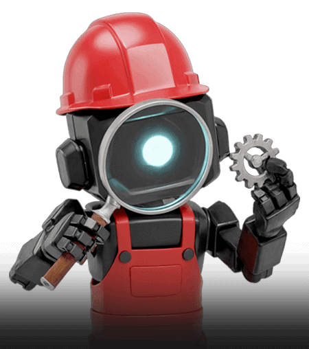 Industrial robot wearing a red safety helmet and a mechanical tool.