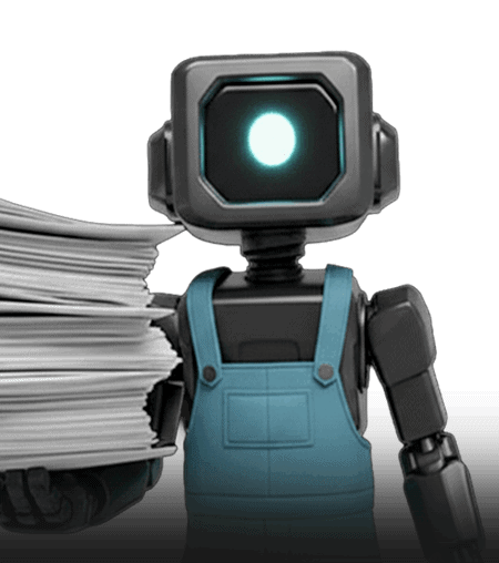 Delivery robot with stacks of documents, symbol of automation and efficiency.