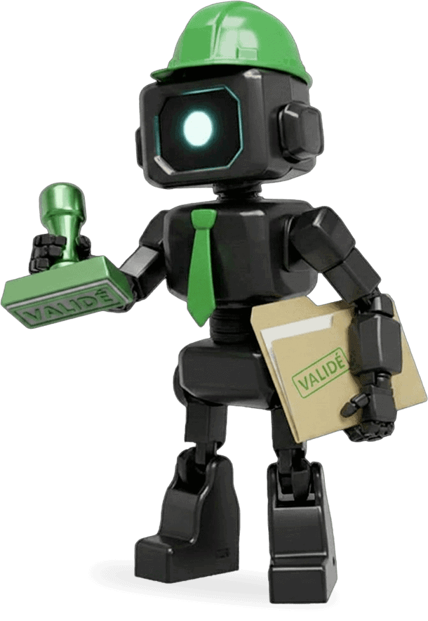 Robot de sécurité avec casque vert, porte un badge et un dossier.