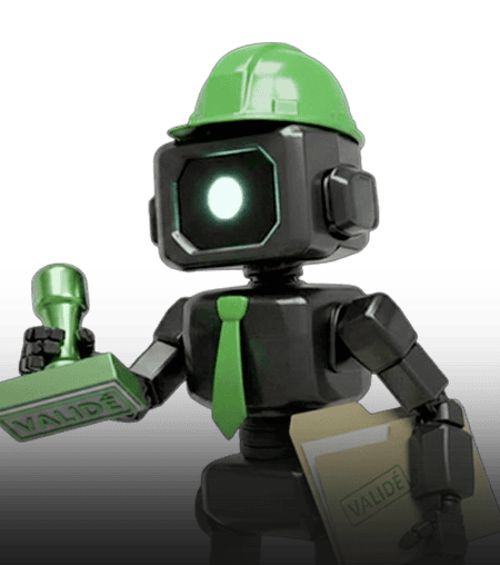 Robot agent wearing a green safety helmet and tie, holding a validated ID badge.