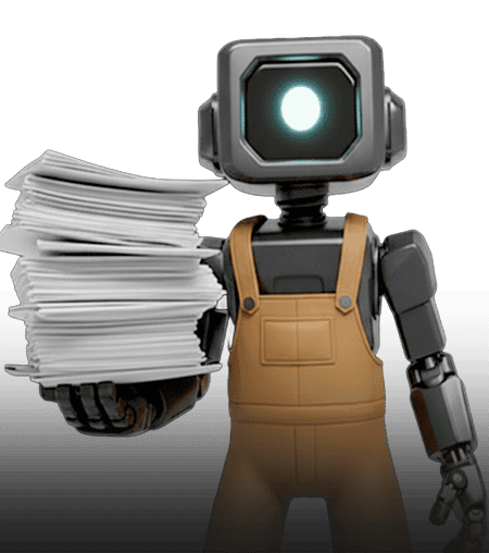 Humanoid robot with a pile of papers in its hand.