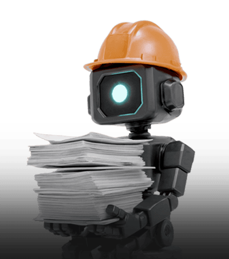 Industrial robot with safety helmet and stacks of documents.