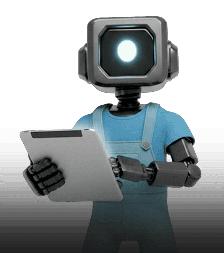 Humanoid robot with facial screen and tablet for job automation.
