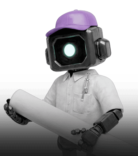Intelligent robot with a purple helmet holding a map.