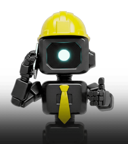 Robot with a yellow hard hat and tie, symbol of technological innovation.