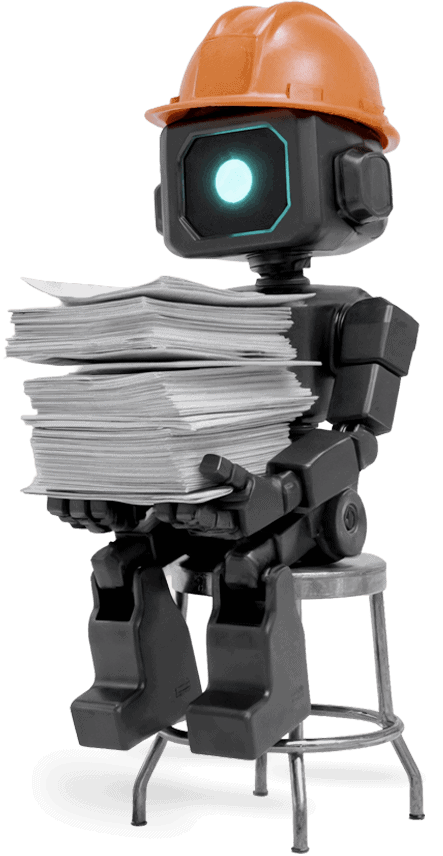 Robot humanoïde avec casque orange tenant des piles de documents.