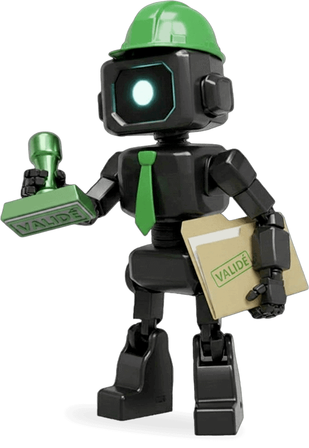 Robot de bureau avec casque vert, cravate et porte-documents.