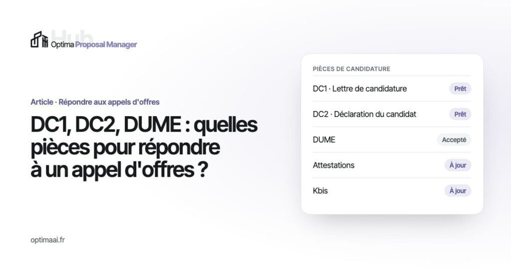Interface de gestion des pièces pour réponse à un appel d'offres.