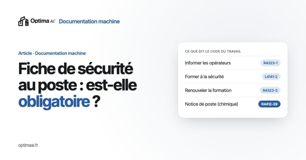 Fiche de sécurité au poste avec instructions pour le Code du travail.