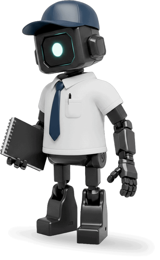 Robot humanoïde avec cravate, chemise blanche et ordinateur portable.