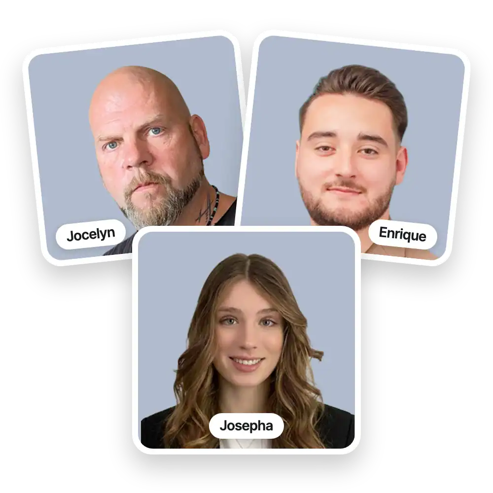Photos de Jocelyn, Enrique et Josepha, membres de l'équipe Optima Studio.