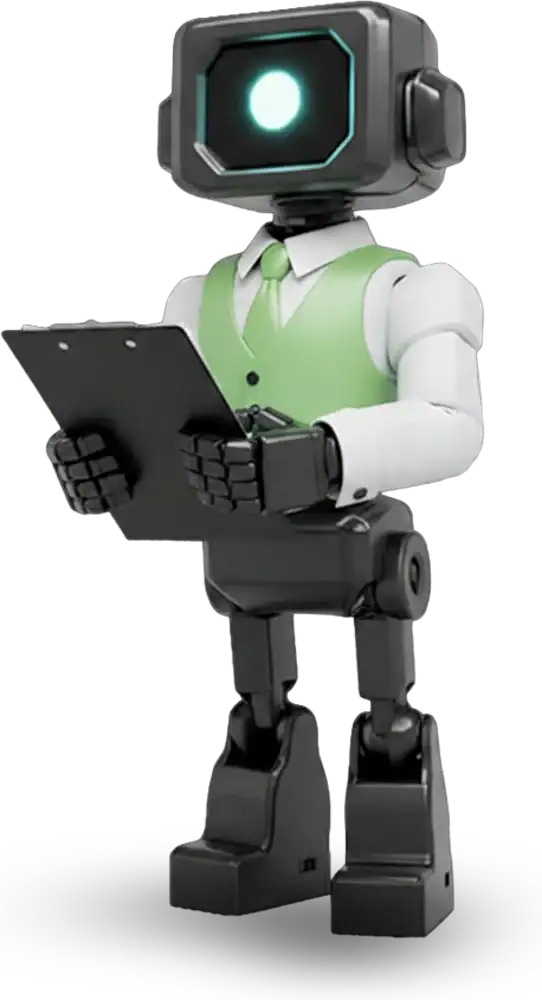 Robot humanoïde avec tête en forme d'écran et tablette en main.