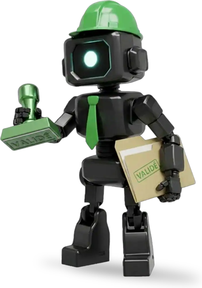 Robot de conformité avec casque vert et malette, symbole de sécurité et validation.