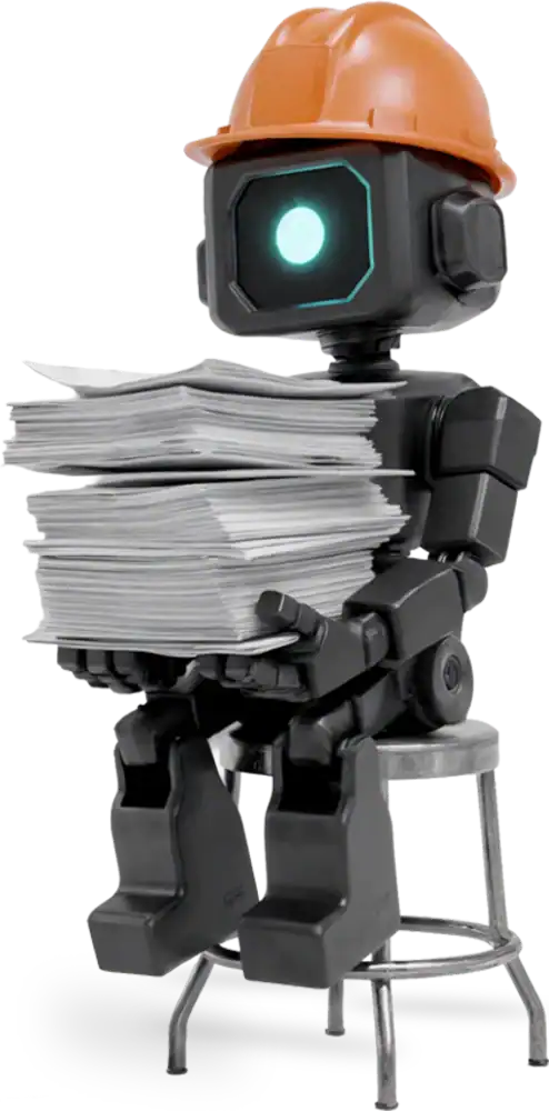 Robot humanoïde portant un casque de sécurité et tenant des piles de documents.