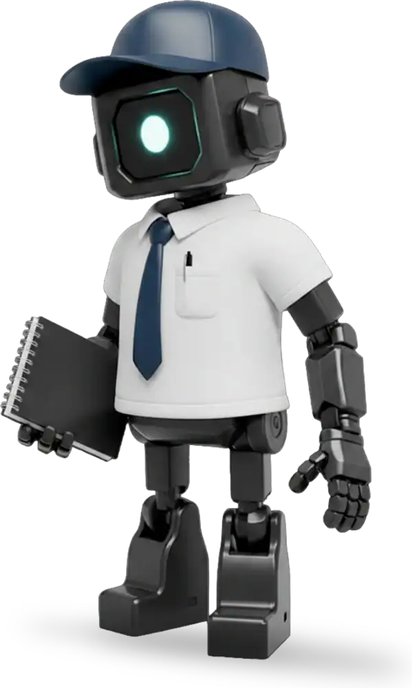 Robot humanoïde avec costume d'affaires et cravate, tenant un carnet.