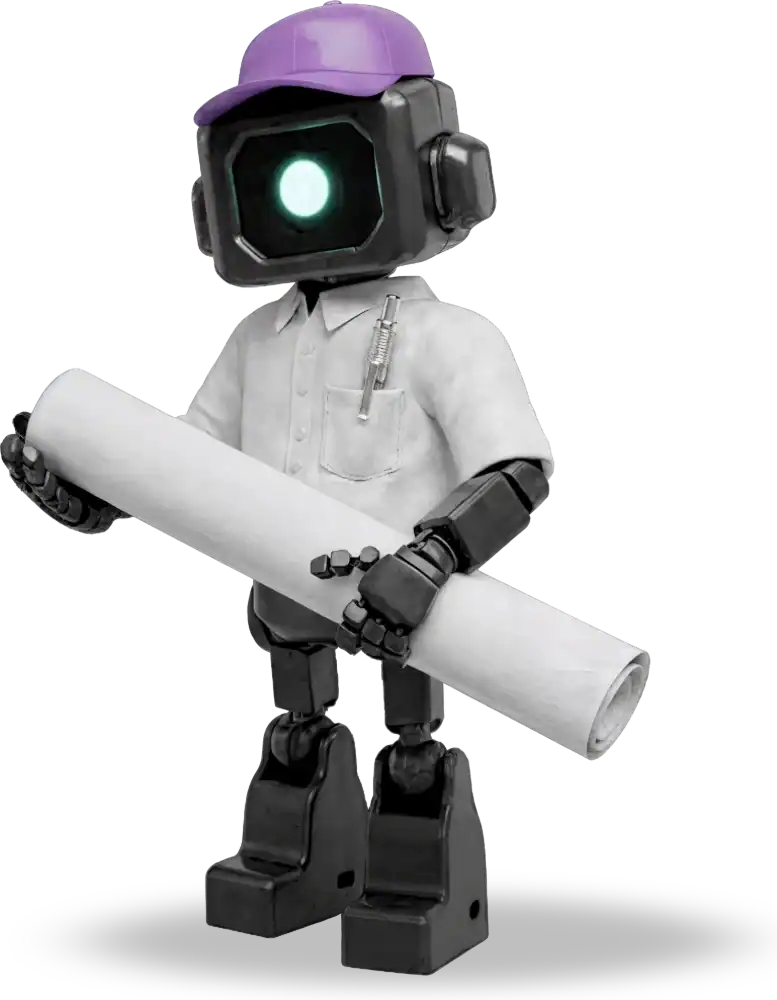 Robot humanoïde avec casque violet tenant un plan architectural.