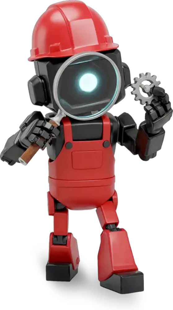 Robot robotique avec casque rouge et outil mécanique en main.