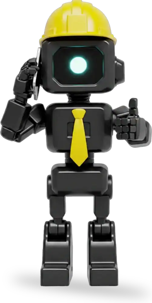 Robot humanoïde avec casque jaune et cravate, saluant.